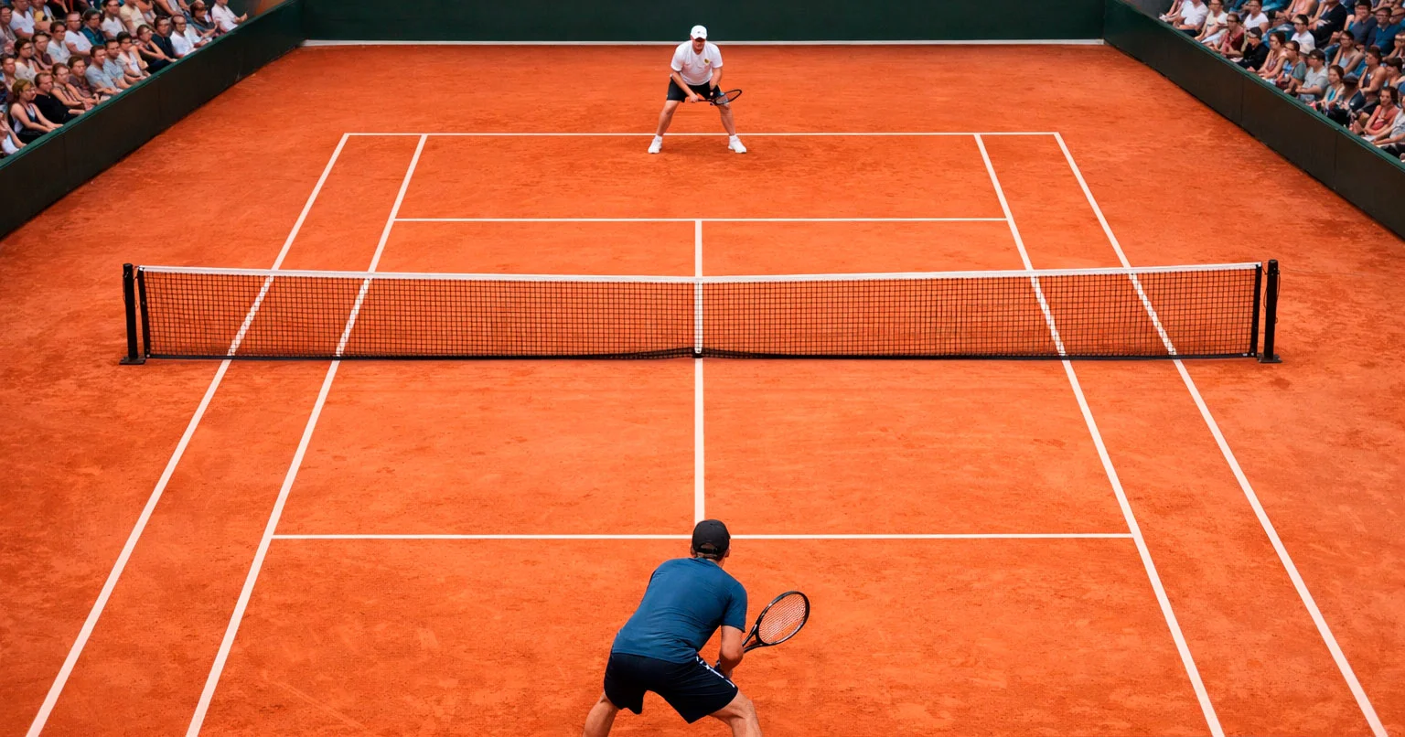 Analyse tactique d'un match de tennis avec vue sur le court et les joueurs