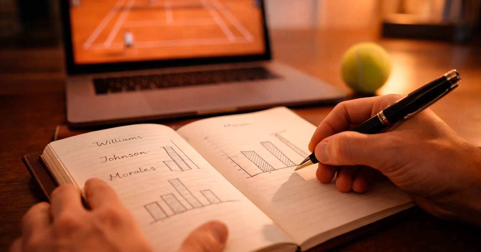 Personne analysant des statistiques de tennis avec carnet et écran montrant des données de matchs