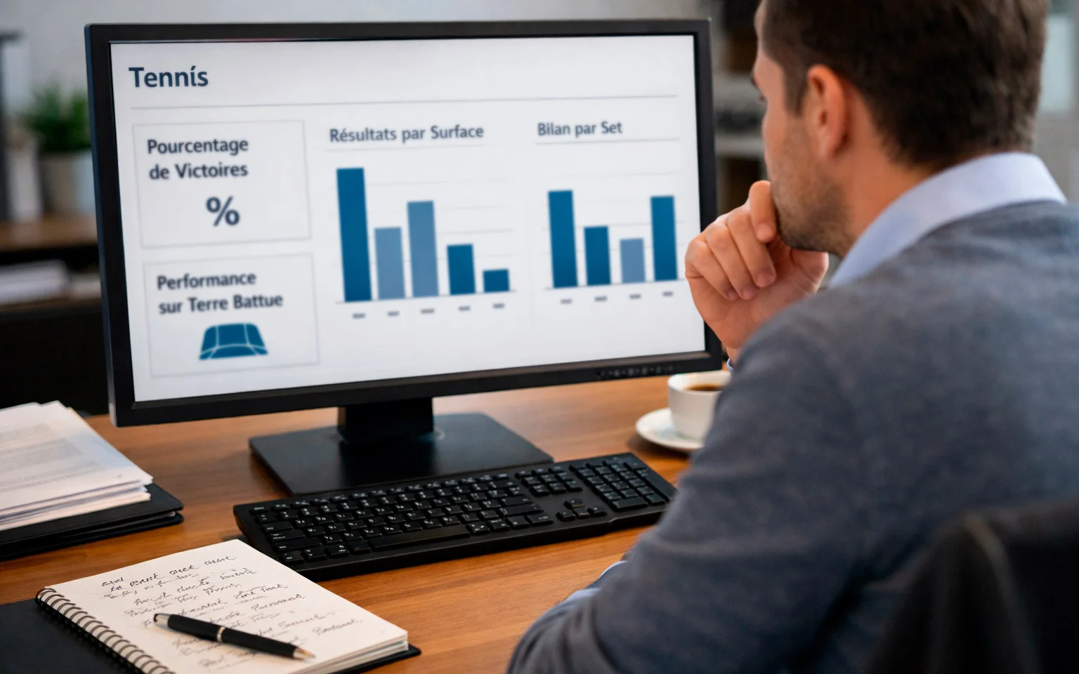 Analyste sportif étudiant des données de performance tennis sur un écran d'ordinateur