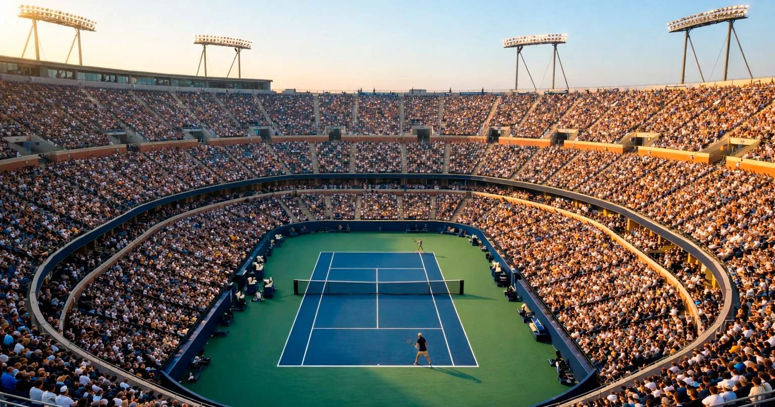 Court de tennis professionnel avec vue panoramique symbolisant le choix des sites de paris