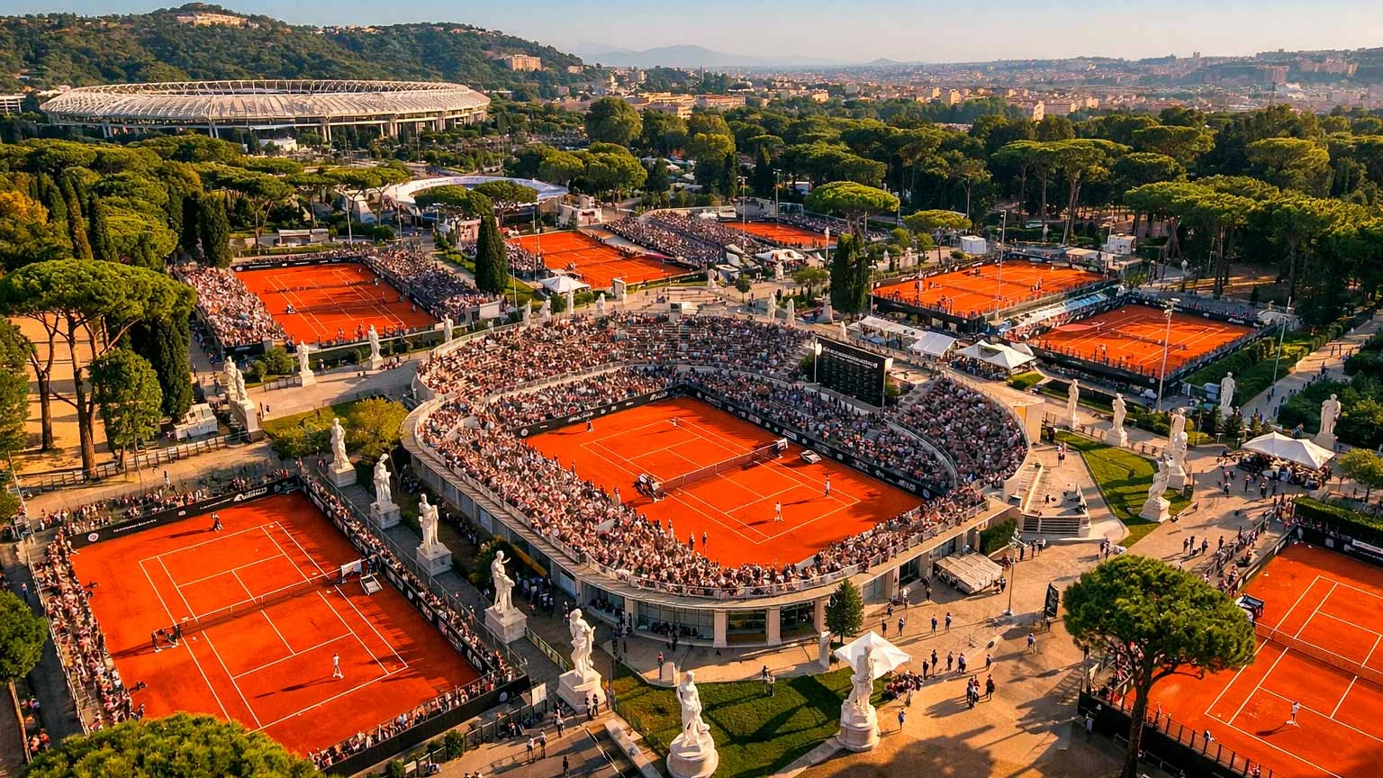 Vue aérienne du Foro Italico de Rome avec les courts de tennis en terre battue lors du Masters 1000