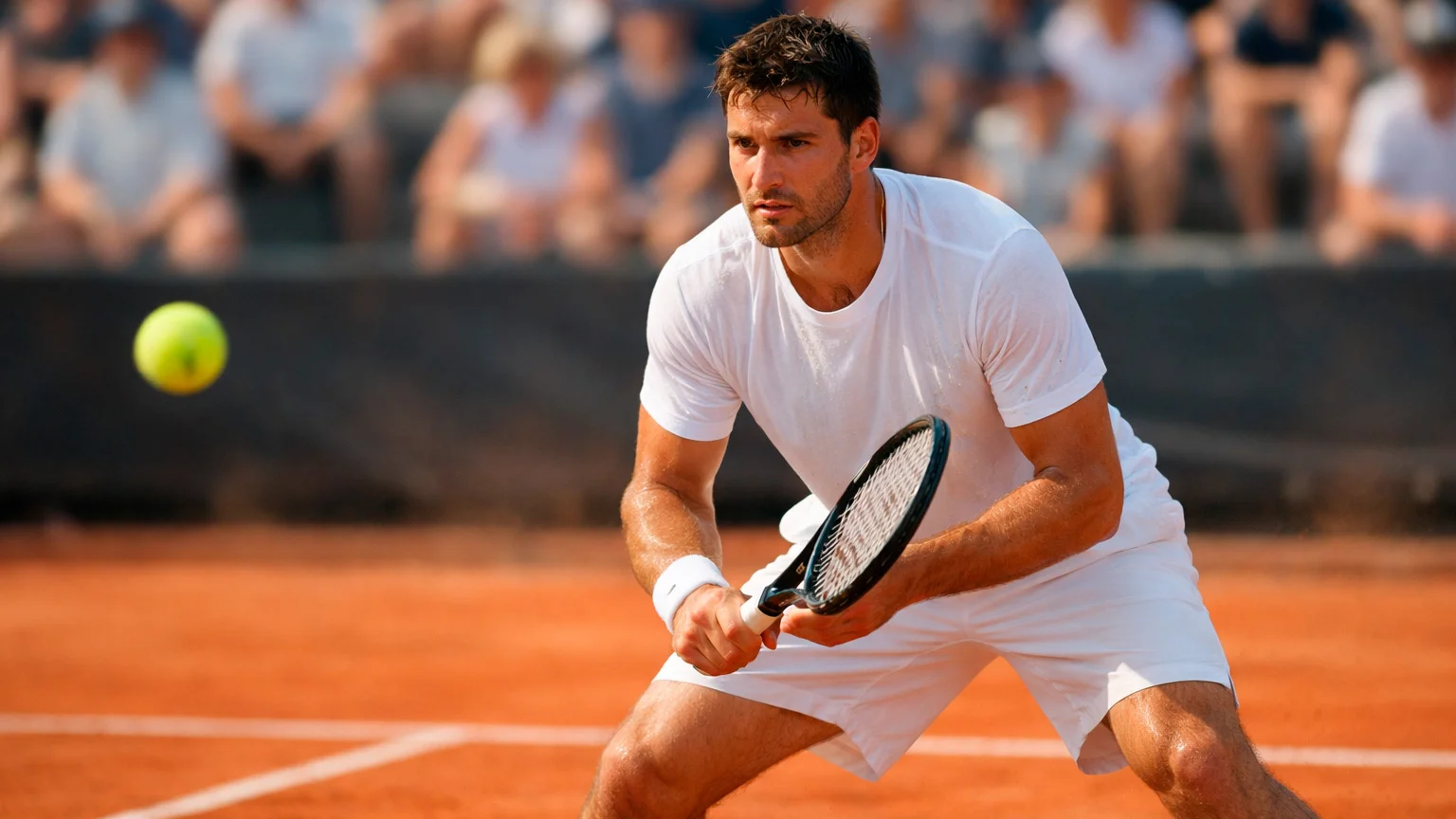 Joueur de tennis professionnel sur court en terre battue lors des qualifications ATP