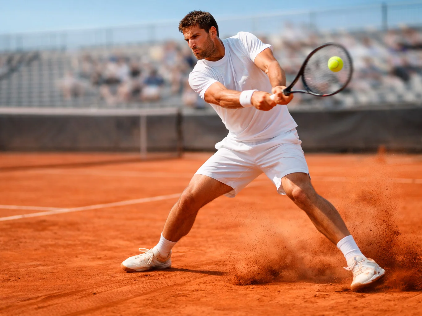 Joueur de tennis effectuant un coup droit sur terre battue
