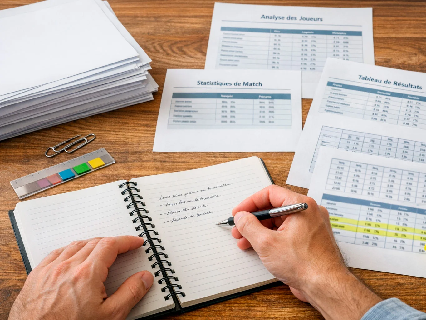 Personne prenant des notes avec documents d'analyse sportive