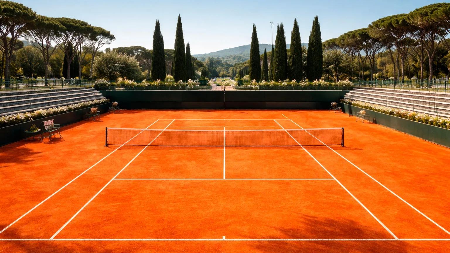 Court de tennis en terre battue avec lignes blanches et surface ocre