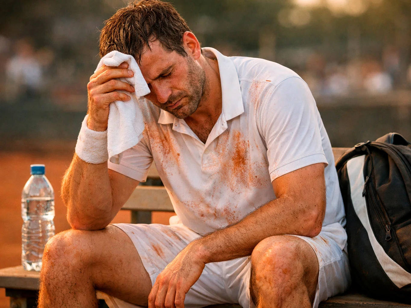 Joueur de tennis épuisé s'essuyant le front avec une serviette