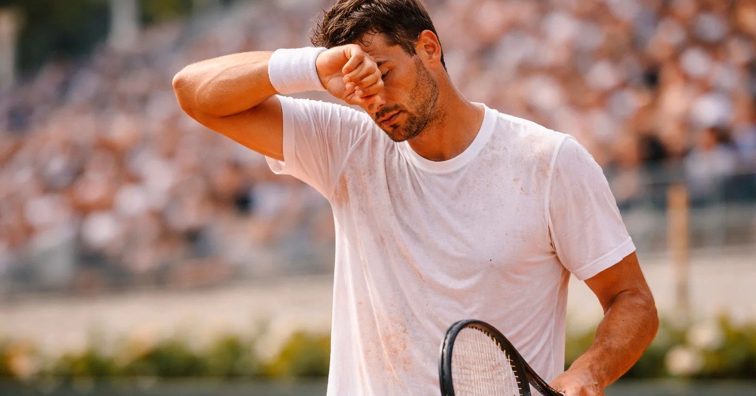 Joueur de tennis professionnel montrant des signes d'effort intense pendant un match