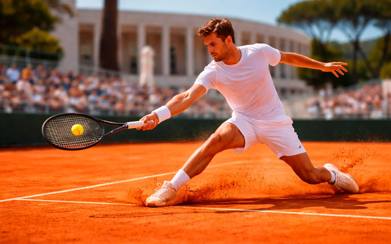 Joueur de tennis professionnel glissant sur la terre battue ocre du Foro Italico à Rome