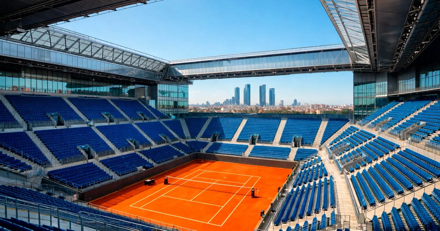 Complexe de la Caja Mágica à Madrid avec son architecture moderne et court en terre battue