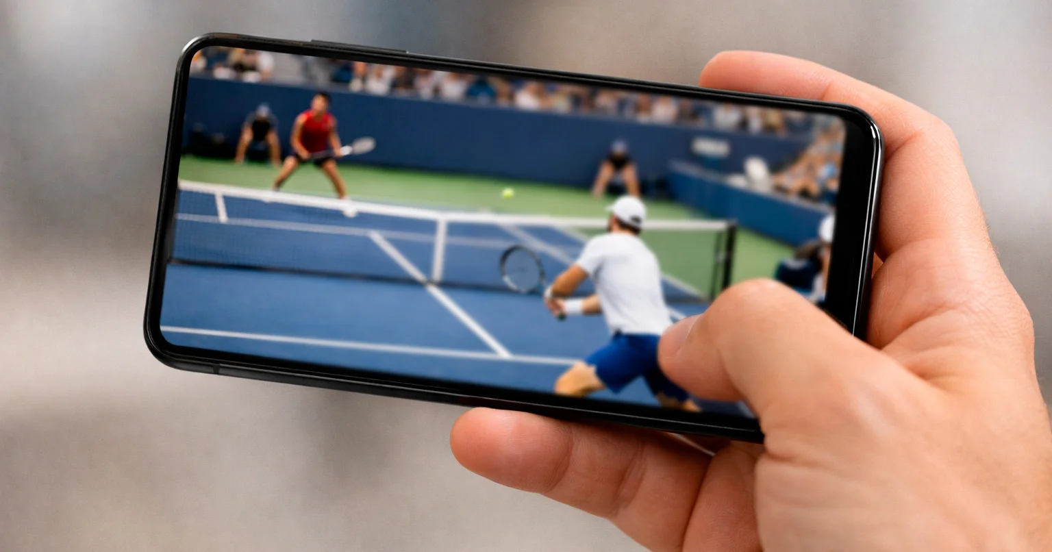 Smartphone affichant un match de tennis en streaming avec statistiques en temps réel