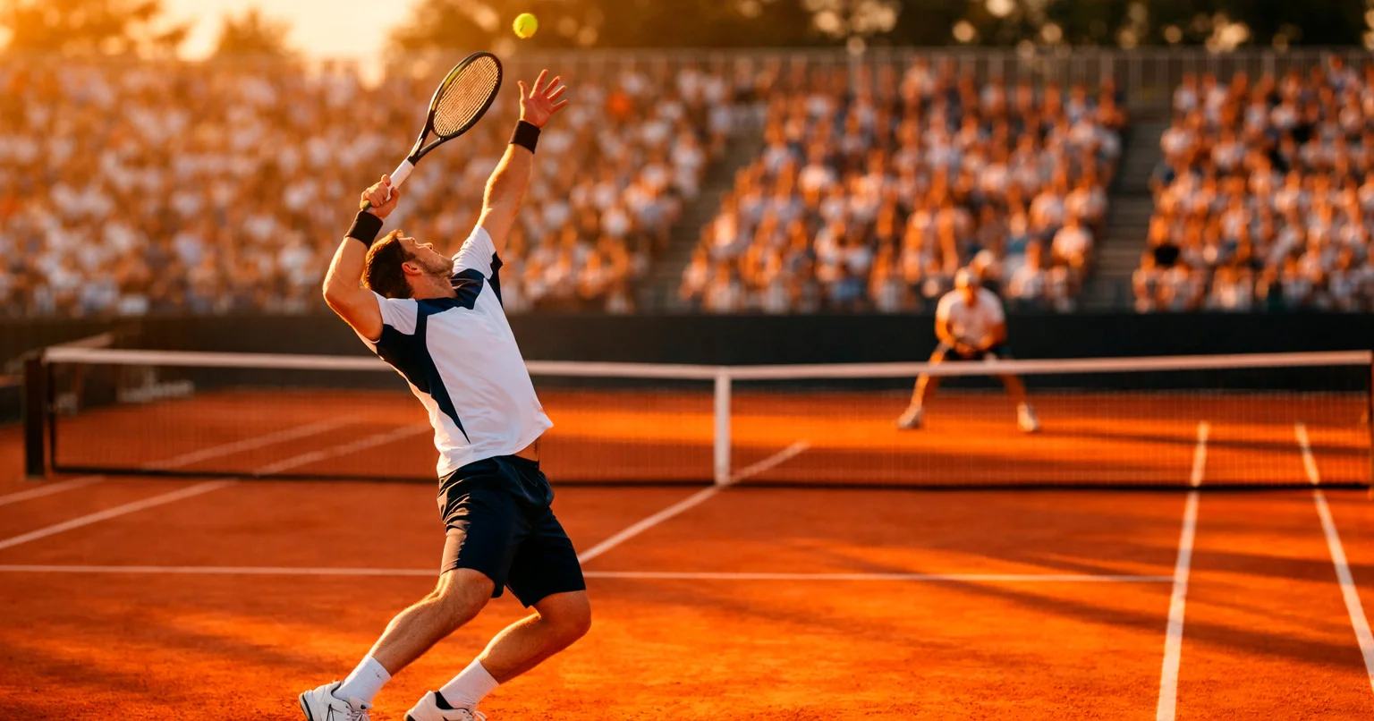 Match de tennis professionnel en direct avec joueur au service sur court en terre battue