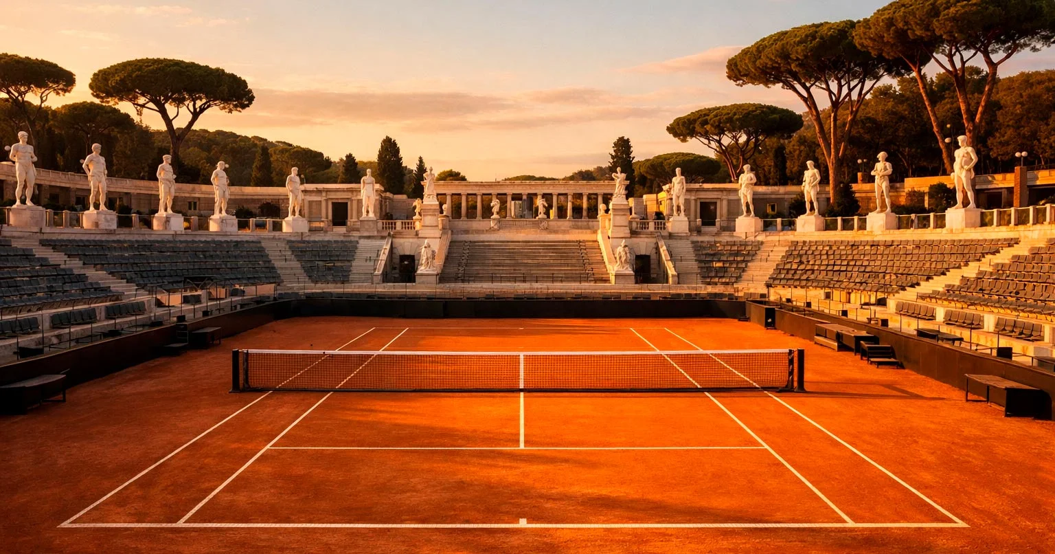 Court central du Foro Italico à Rome avec tribunes et terre battue ocre