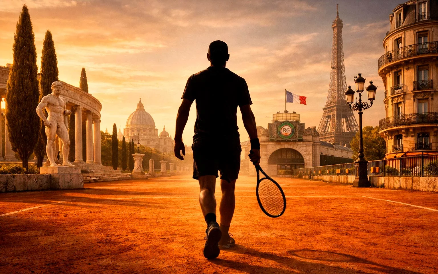 Joueur de tennis avec sa raquette devant un écran affichant les logos Rome et Roland-Garros