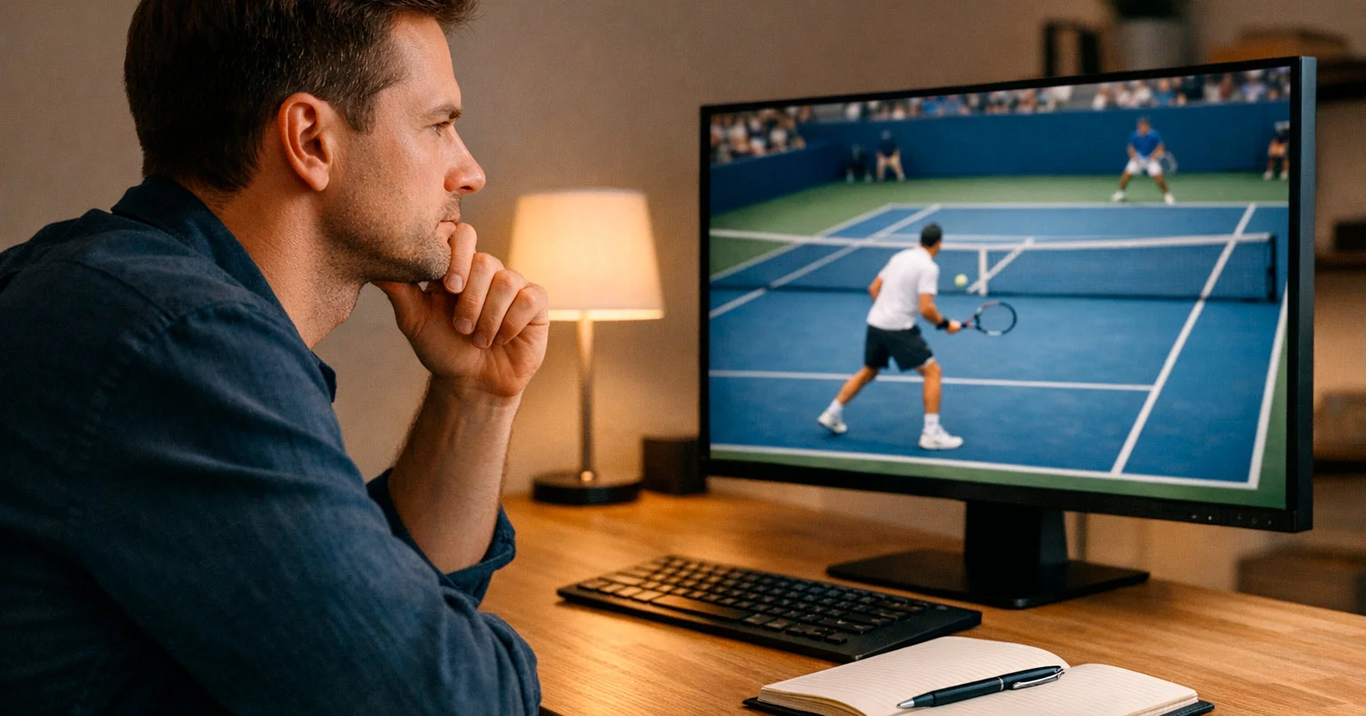 Personne concentrée analysant un match de tennis sur écran pour établir sa stratégie de pari