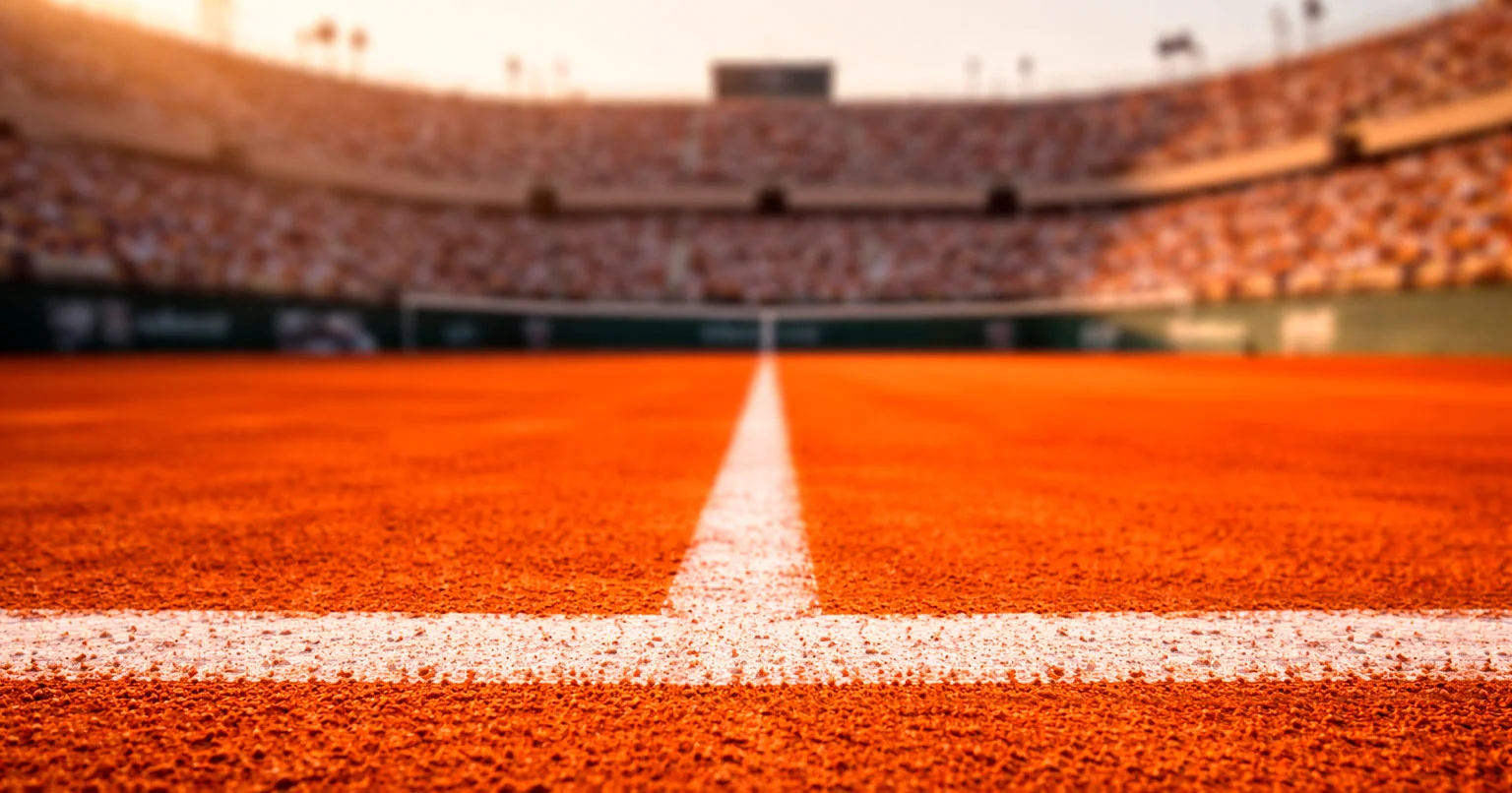 Court de tennis sur terre battue avec lignes blanches et surface ocre caractéristique de Roland-Garros
